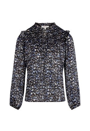 Zwarte blouse met een blauw-witte abstracte print, gerimpelde halslijn en lange mouwen. Lichtgewicht, gestructureerde stof met ruches.