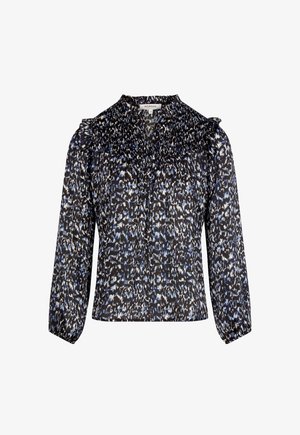 Zwarte blouse met een blauw-witte abstracte print, gerimpelde halslijn en lange mouwen. Lichtgewicht, gestructureerde stof met ruches.