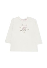Biała koszulka z długim rękawem z haftowanym motywem psa i wiśni, charakteryzująca się miękką fakturą oraz dwoma guziczkami na ramionach.