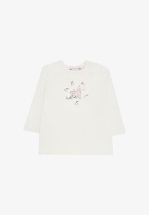 Witte long sleeve t-shirt met een geborduurd ontwerp van een hond en kersen, met een zachte textuur en twee drukknopen op de schouders.