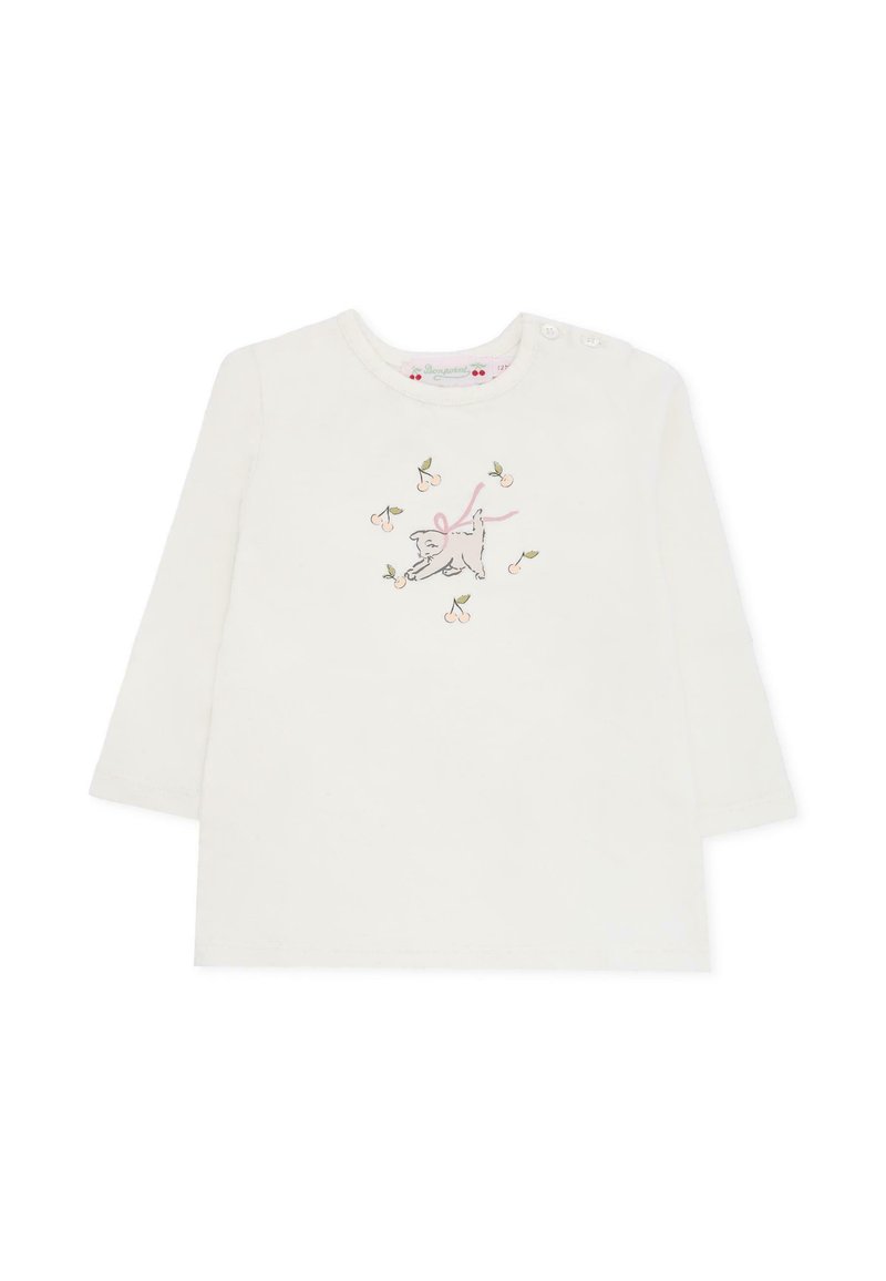 Biała koszulka z długim rękawem z haftowanym motywem psa i wiśni, charakteryzująca się miękką fakturą oraz dwoma guziczkami na ramionach.