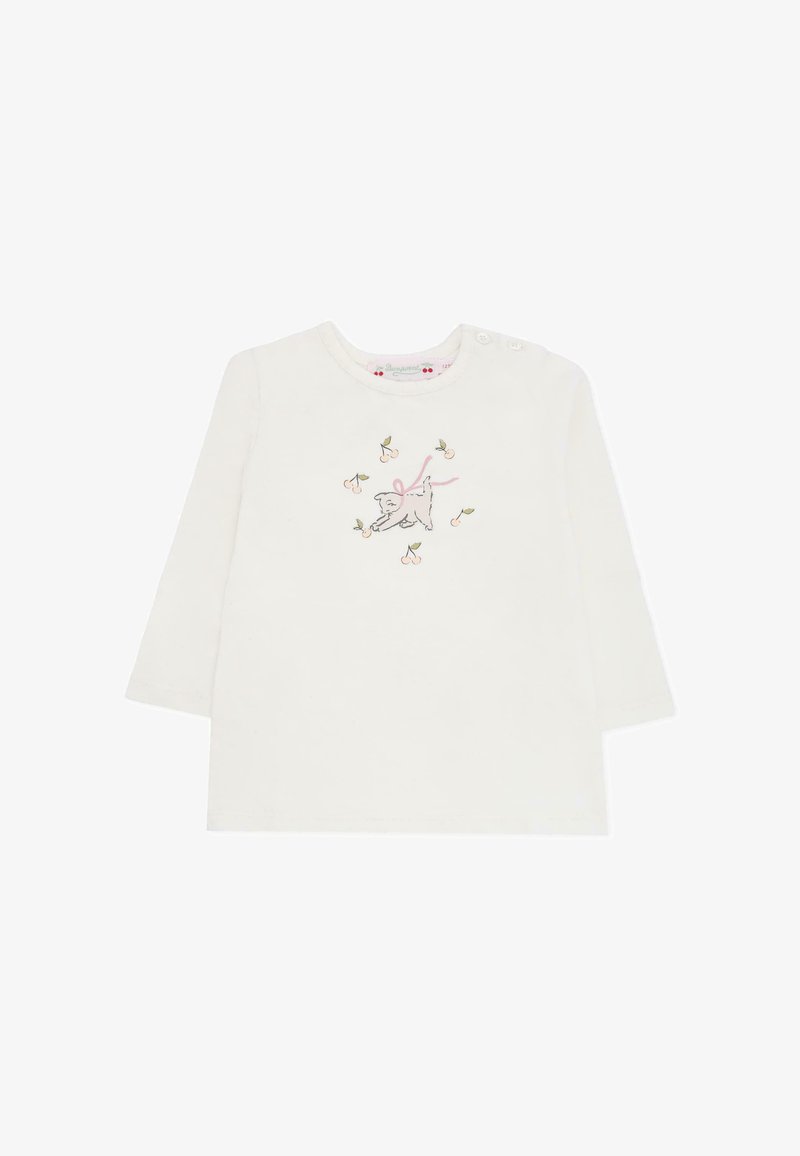 Biała koszulka z długim rękawem z haftowanym motywem psa i wiśni, charakteryzująca się miękką fakturą oraz dwoma guziczkami na ramionach.