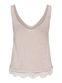 Top de punto sin mangas de color beige claro con escote en V y ribete de encaje blanco a lo largo del dobladillo inferior.