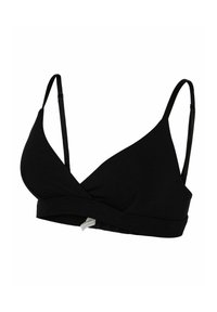 Svart trådløs BH med mykt stoff, omslagsdesign og justerbare stropper. Har en glatt tekstur og minimal sømdetalj.