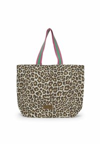 Sac fourre-tout en imprimé léopard en beige et marron avec des anses rayées rose et verte, fabriqué en tissu résistant, avec une petite étiquette de logo.