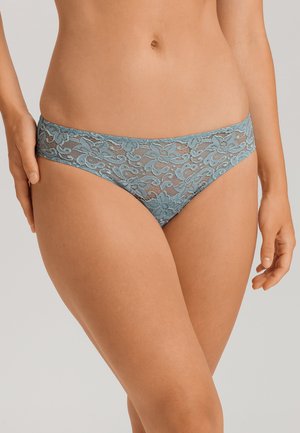 Lace bikini briefs in light blue. Features floral pattern, soft texture, and wide lace waistband. Low-rise fit for comfort and style.