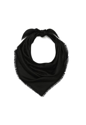 Black scarf made of soft fabric, shaped in a triangular design with frayed edges and a central knot at the top for tying.