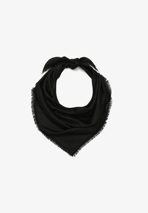 Black scarf made of soft fabric, shaped in a triangular design with frayed edges and a central knot at the top for tying.