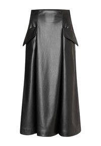 Schwarzer Lederrock mit hoher Taille, A-Linien-Form und zwei großen Seitentaschen. Glatte Textur mit glänzender Oberfläche.