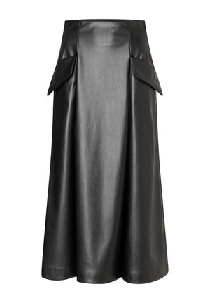 Zwarte leren rok met een hoge taille, A-lijn vorm en twee grote zijzakken. Gladde textuur met een glanzende afwerking.