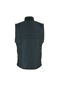 Zwarte gewatteerde vest met een hoge kraag, met horizontale stikdetails op de achterkant, gemaakt van een glad, waterafstotend materiaal.