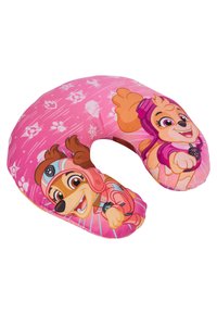 Cuscino da viaggio a forma di U rosa con personaggi dei cartoni animati di cani in abbigliamento da volo, con una superficie in tessuto morbido e motivi giocosi.