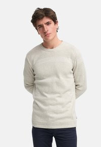 Hellgrauer, gestrickter Pullover mit strukturierten Mustern und einem glatten Bündchen über der Brust. Rundhalsausschnitt und lange Ärmel. Lässige Passform.