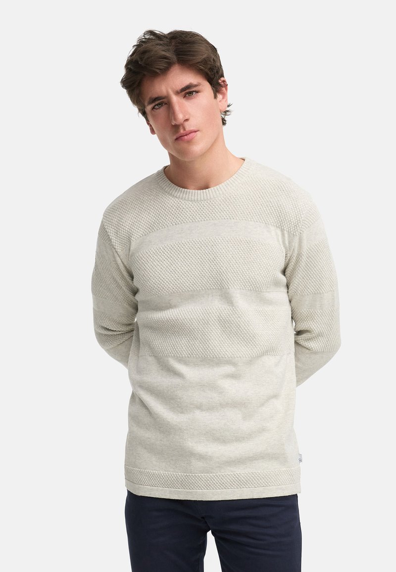 Hellgrauer, gestrickter Pullover mit strukturierten Mustern und einem glatten Bündchen über der Brust. Rundhalsausschnitt und lange Ärmel. Lässige Passform.