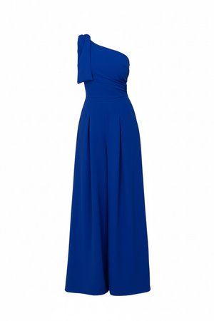 Combinaison bleu roi asymétrique à une épaule, jambes larges et détails plissés à la taille et à l'avant.