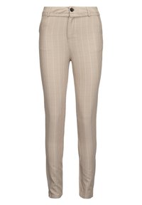 Béžové kostkované kalhoty s úzkým střihem, s knoflíkovým zapínáním, bočními kapsami a hladkým povrchem.