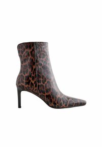 Leopard print ankle boots with pointed toe, black stiletto heel, textured synthetic material, and sleek design.