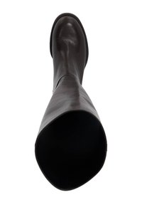 Black leather knee-high boot with a smooth finish, rounded toe, and minimal design. Inside is hollow with a textured sole.
