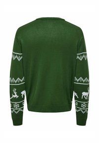 Grüner Strickpullover mit langen Ärmeln, verziert mit weißen Rehen, Schneeflocken und geometrischen Mustern an den Ärmeln und am Saum.