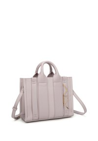Borsa a mano rosa chiaro in pelle, caratterizzata da pannelli cuciti verticalmente, due manici superiori e una tracolla rimovibile. Accenti in metallo dorato.