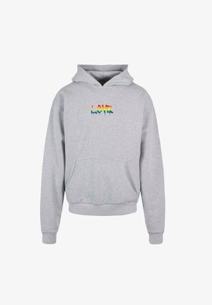 Hall Gray kapuutsiga särk, mis on valmistatud pehmest kangast ja millel on tasku nagu kenguru. Esiküljel on värviline, vikerkaaretooni "LOVE" graafika tilkuva disainiga.