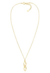 Collana d'oro con un pendente a forma di infinito. Il pendente presenta una finitura liscia ed è decorato con piccole pietre rotonde.