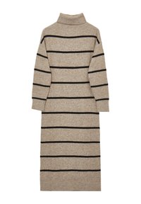 Beiges Strickkleid mit schwarzen horizontalen Streifen, hohem Kragen, langen Ärmeln und geradem Schnitt. Weicher Stoff, bis zur Wade reichend.