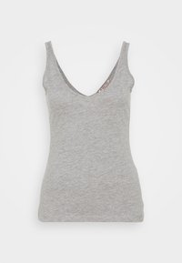 Grå ärmlös linne med djup V-ringning, tillverkat av ett mjukt bomullsblandat tyg, med en enkel design och rena kanter.