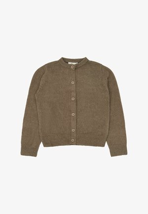 Cardigan tricoté marron avec manches longues, poignets et ourlet côtelés, encolure ronde et cinq boutons devant.