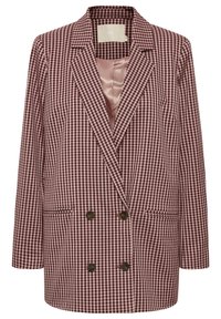 Blazer croisé à motif à carreaux bordeaux et blanc, col à revers en encoche, deux poches avant et boutons marron.