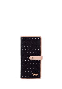 Black wallet with white polka dots, pink leather accents, snap closure, and gold hardware. Smooth texture with a rectangular shape.