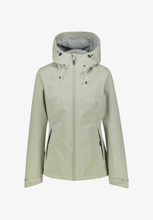 Chaqueta impermeable de color verde claro con capucha, cremallera frontal, cordón elástico y bolsillos laterales. Hecha de un material suave y duradero.