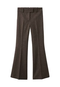 Bruine uitlopende broek gemaakt van textuurstof, met een aansluitende tailleband en voorplooien voor extra ontwerpelementen.