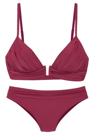 Tweedelig bordeauxrode bikini met geplooide details op de driehoekige bandjes en tailleband, inclusief verstelbare schouderbandjes aan de top.