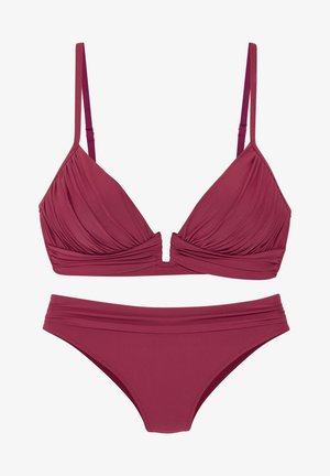 Zweiteiliger bordeauxroter Bikini mit gerafften Details an den Dreiecksträgern und dem Taillenband, inklusive verstellbarer Schulterriemen am Oberteil.