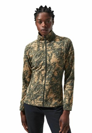 Fleece zip-up jack met een groen en beige abstract camouflagepatroon, hoge kraag en ritszakken. Zachte textuur en op maat gemaakte pasvorm.