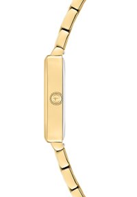 Goldfarbene Armbanduhr mit rechteckigem Gehäuse, silbernem Zifferblatt und verknüpftem Metallarmband. Verfügt über eine kleine Krone an der Seite.