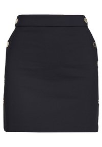 Svart mini kjol med en åtsittande design, prydd med guldtonade knappar på sidan och en slät yta. Enkla, rena linjer utan mönster.