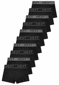 Crne bokserice sivi elastični pojas, s ponavljajućim logotipom "NEXT". Prikazano deset pari u složenom rasporedu.