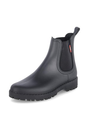 Black ankle-length rubber Chelsea boot with elastic side panels and pull tab on heel, featuring a textured sole for grip.