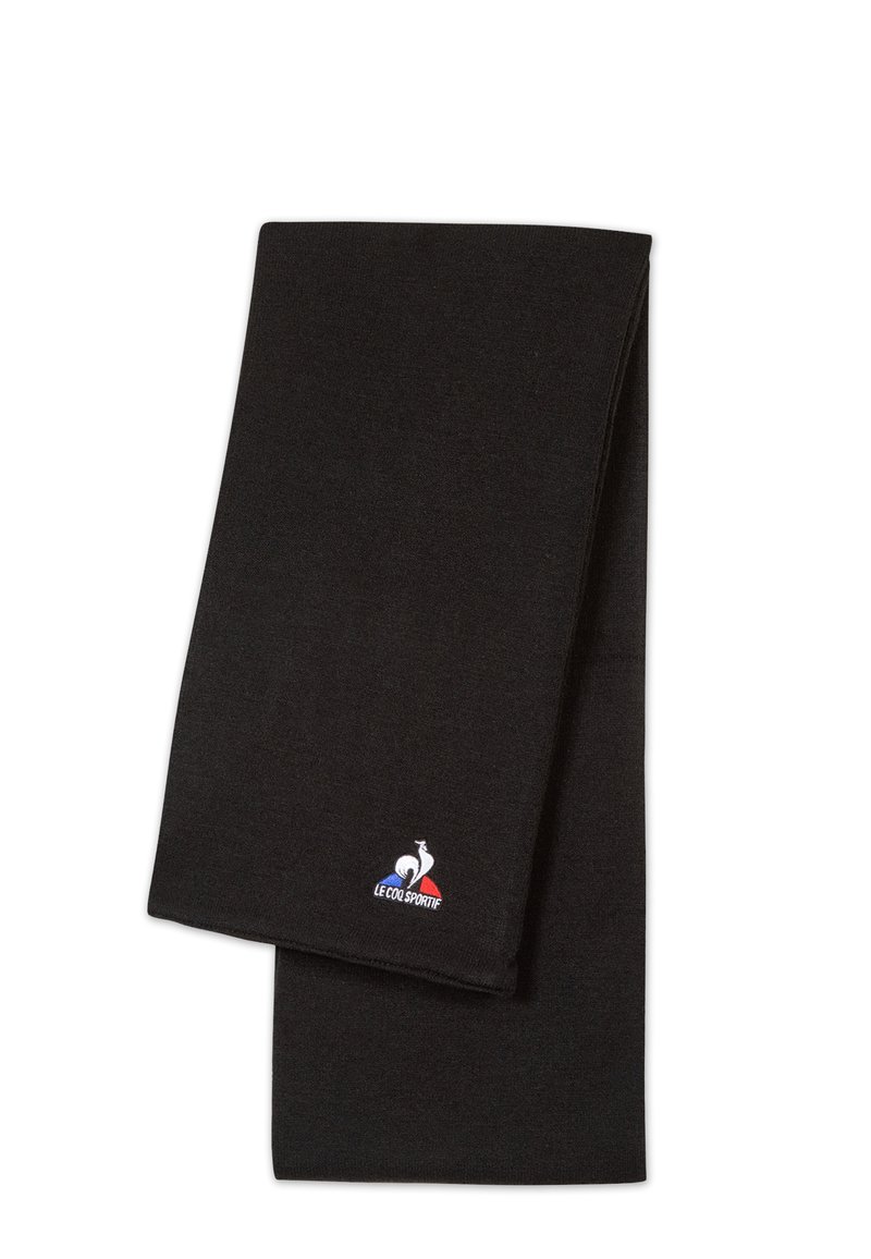 Écharpe noire en matériau doux, de forme rectangulaire, avec un petit logo brodé en bleu, blanc et rouge à une extrémité.