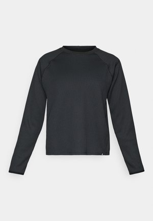 Zwarte langslijfshirt met een gestructureerde, geribbelde stof. Beschikt over een ronde halslijn en een afgeronde zoom, ideaal voor actieve kleding.