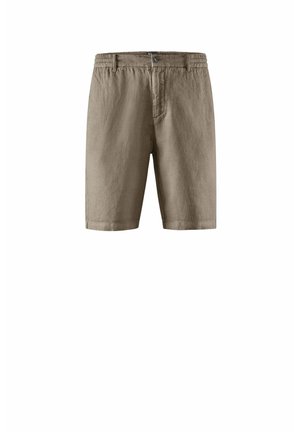 Brązowe spodenki do kolan z elastycznym pasem, guzikiem i zamkiem na białym tle.