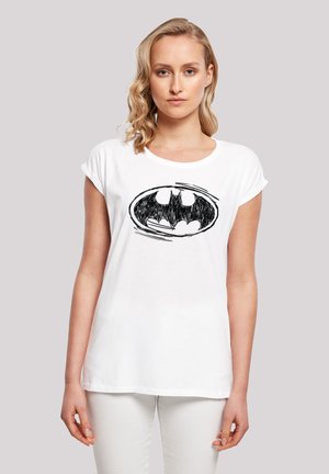 Weißes Baumwoll-T-Shirt mit einem schwarzen Batman-Logo im skizzierten Stil, kurzen Ärmeln und einer entspannten Passform.