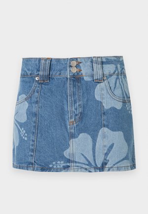 Blue denim mini skirt with large light floral patterns, front pockets, belt loops, and double button closure at the waist.