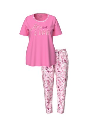 Rosa Schlafanzugset mit einem kurzärmligen Oberteil mit dem Schriftzug "Think Pink" und gemusterten Hosen mit Bändern, hergestellt aus weichem Stoff.