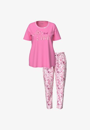 Růžový pyžamový set obsahující tričko s krátkým rukávem s textem "Think Pink" a vzorované kalhoty s stužkami, vyrobený z měkké tkaniny.