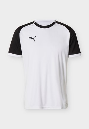 Športna majica s kratkimi rokavi z belim ovratnikom, črnimi rokavi, črnim ovratnikom in črnim logotipom Puma na prsih.