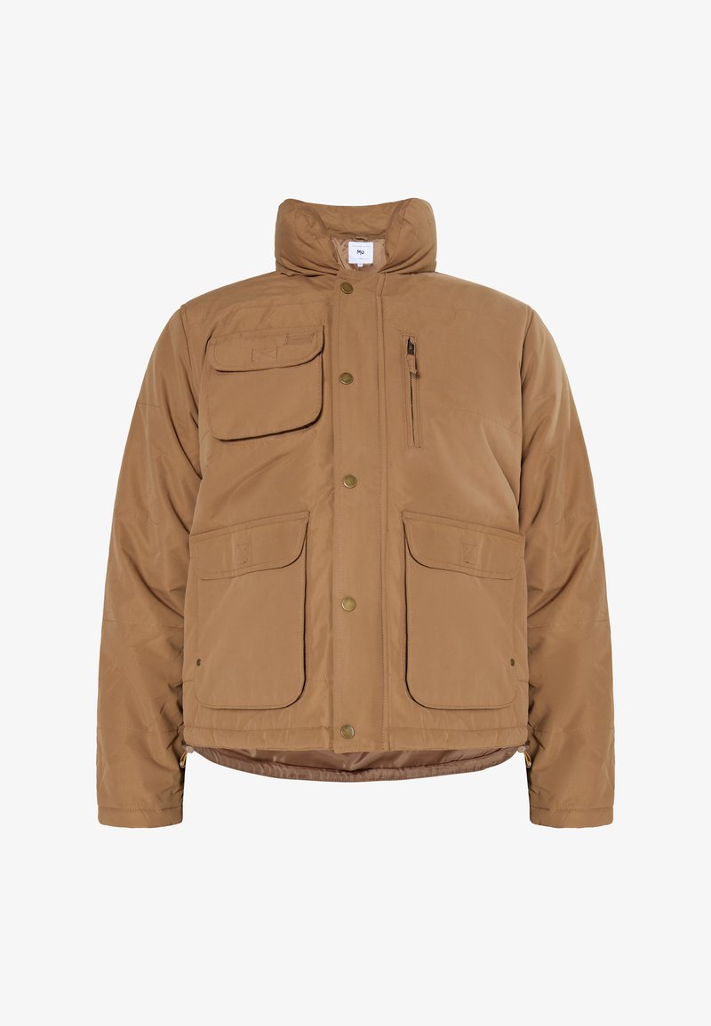 Braune Pufferjacke mit hohem Kragen, Frontreißverschluss, mehreren Taschen und Druckknöpfen. Sie verfügt über eine glänzende Textur und eine gesteppten Futter.