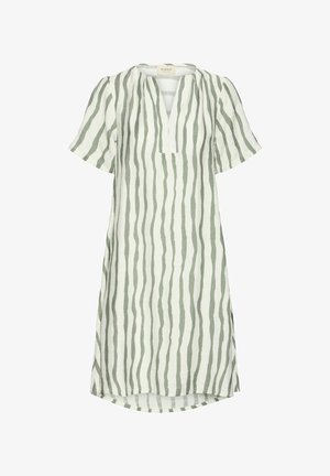 Kratka haljina od lana s kratkim rukavima, koja se ističe teksturiranom bijelom pozadinom s zelenim prugama, razdvojenim dekolteom i blago zakrivljenim rubom.